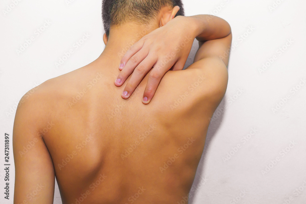 Shoulder pain Must be treated correctly to disappear. Sport injury, Man with back pain. Pain relief concept. Shoulder pain Must be treated correctly to disappear. Sport injury, Man with back pain. Pain relief concept.