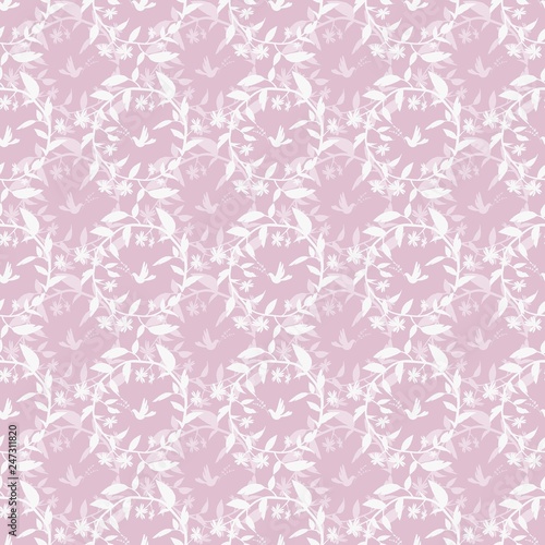 Seamless pink pattern with wreaths and birds.