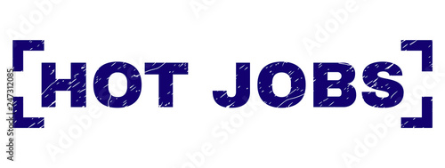 HOT JOBS text seal print with distress style. Text tag is placed between corners. Blue vector rubber print of HOT JOBS with dust texture.