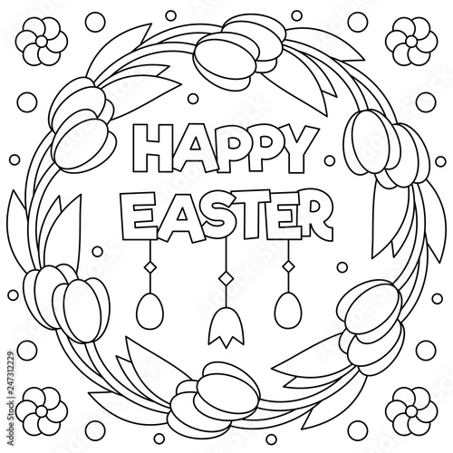 Happy Easter. Coloring page. Wreath. Vector illustration.