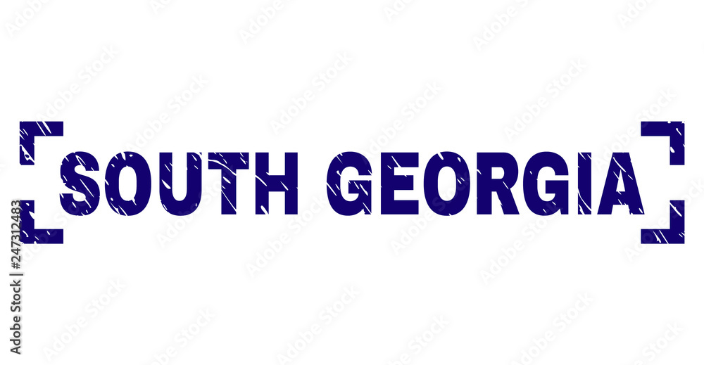 SOUTH GEORGIA caption seal print with corroded texture. Text caption is placed inside corners. Blue vector rubber print of SOUTH GEORGIA with dust texture.