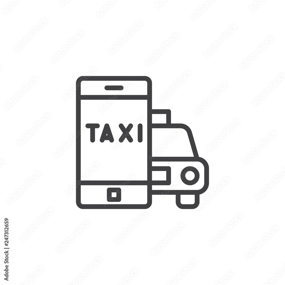 Taxi cab ordering app line icon. linear style sign for mobile concept and web design. Mobile phone with taxi car outline vector icon. Symbol, logo illustration. Pixel perfect vector graphics Taxi cab ordering app line icon. linear style sign for mobile concept and web design. Mobile phone with taxi car outline vector icon. Symbol, logo illustration. Pixel perfect vector graphics