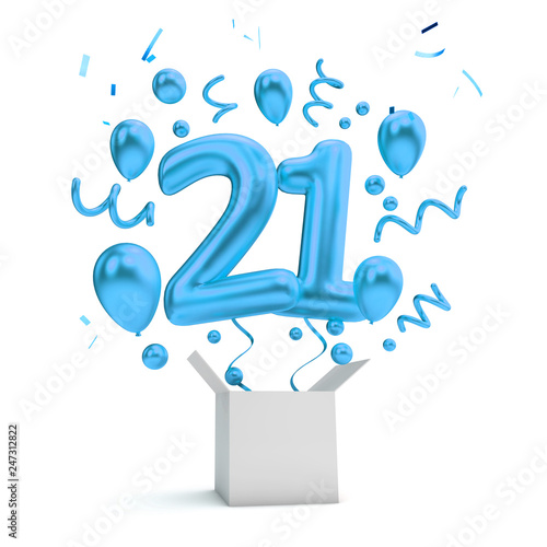 Photography Happy 21st birthday blue surprise balloon and box. 3D Rendering