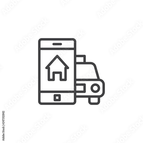 Mobile taxi booking line icon. linear style sign for mobile concept and web design. Online taxi ordering to home address outline vector icon. Symbol, logo illustration. Pixel perfect vector graphics