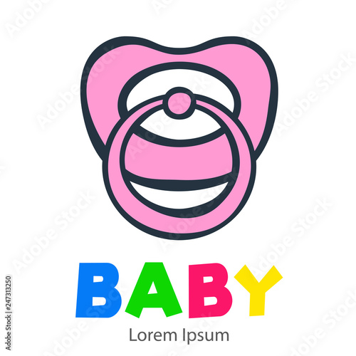 Logotipo con texto BABY con chupete lineal color gris y relleno color rosa