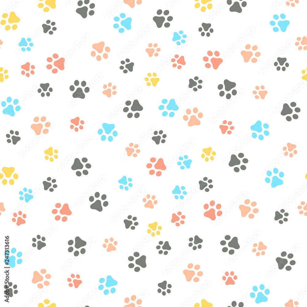 Dog Paw seamless pattern vector footprint kitten puppy tile colorful background repeat wallpaper cartoon isolated illustration white - Vector. Dog Paw seamless pattern vector footprint kitten puppy tile colorful background repeat wallpaper cartoon isolated illustration white - Vector.