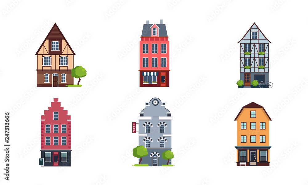 Naklejka premium Colorful European facades of houses set, buildings of different architectural styles vector Illustration