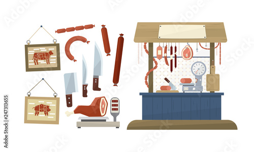 Meat counter display refrigerator showcase, butcher shop gastronomy products vector Illustration