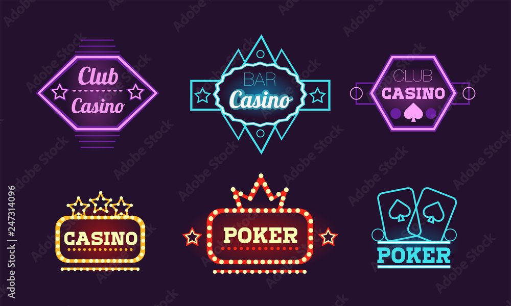Collection of neon signs, casino, bar, poker club bright logo design templates vector Illustration
