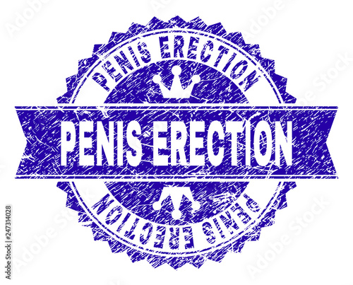 PENIS ERECTION rosette seal watermark with distress style. Designed with round rosette, ribbon and small crowns. Blue vector rubber watermark of PENIS ERECTION title with dust style.