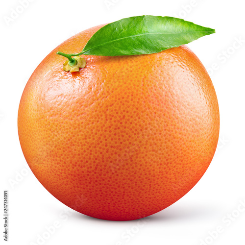 Grapefruit with leaf. Orange fruit isolated on white. With clipping path. Full depth of field.