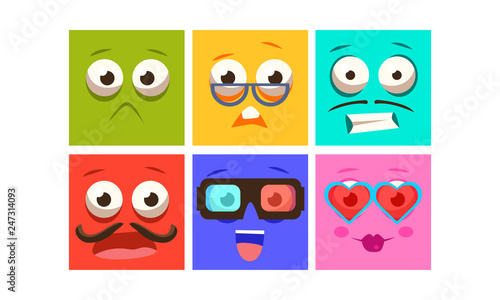 Collection of colorful faces with different emotions, funny square emoji vector Illustration