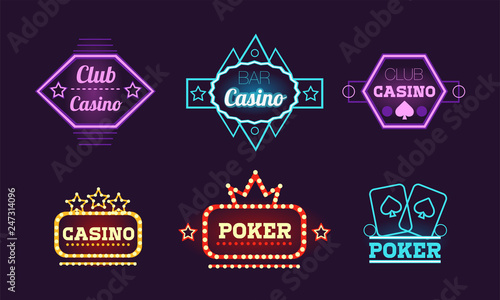 Collection of neon signs, casino, bar, poker club bright logo design templates vector Illustration