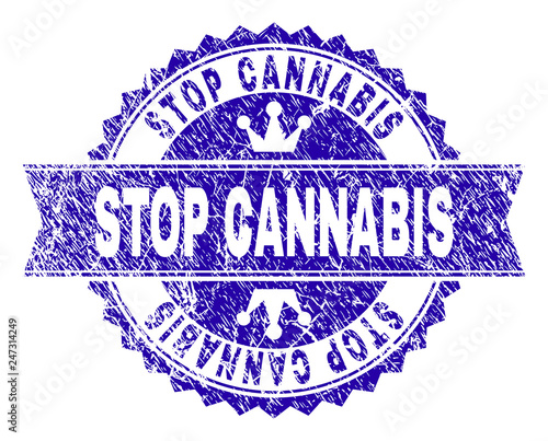 STOP CANNABIS rosette seal watermark with grunge texture. Designed with round rosette, ribbon and small crowns. Blue vector rubber watermark of STOP CANNABIS title with grunge style.