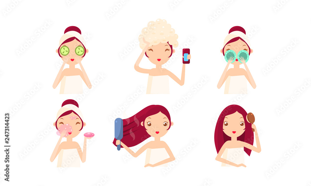 Young woman cleaning and caring her face and hair set, facial cleaning procedures, treatment, hygiene, beauty vector Illustration Young woman cleaning and caring her face and hair set, facial cleaning procedures, treatment, hygiene, beauty vector Illustration