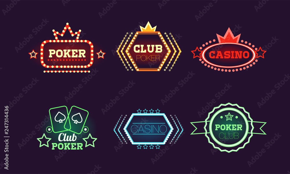 Collection of bright colorful neon signs, casino, bar, poker club, gambling logo design templates vector Illustration