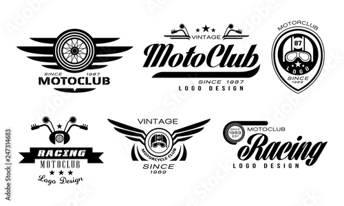 Vector set of original emblems for moto racing club. Vintage logos with wheels, helmets and motorcycle handlebars