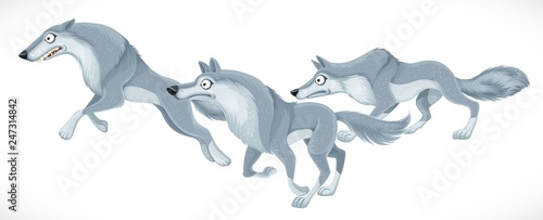 Wild cartoon hunting wolves run forward isolated on white background
