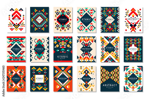 Colorful vector set of 9 card templates with geometric shapes. Abstract ethnic pattern. Elements for brochure, flyer or poster in trendy flat style photo