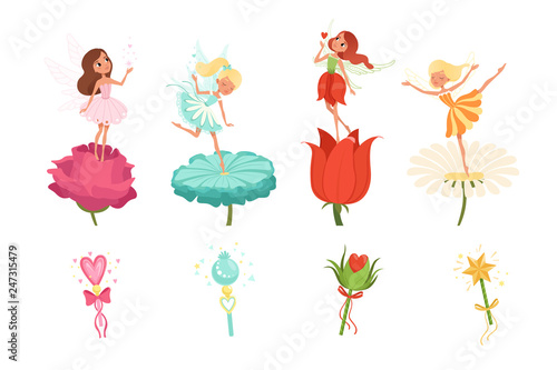 Set of little fairies hovering over beautiful flowers. Cartoon girls dressed in colorful dresses. Cute magical creatures with wings. Magic wands. Flat vector design