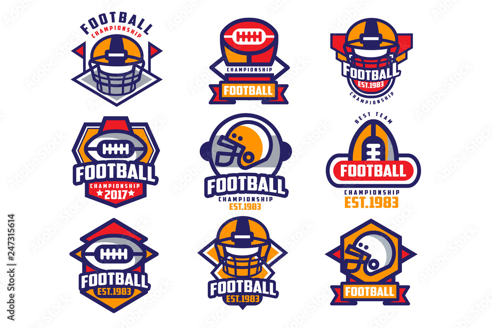 Collection of colorful American football logo. Labels with oval-shaped rugby balls and protective helmets. Sports emblems. Flat vector design for team badge