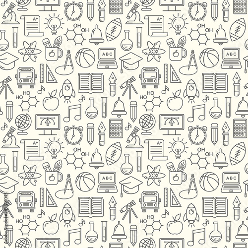 Seamless vector school background. Education pattern with modern line style outline icons.