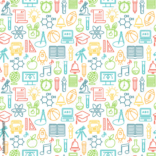Seamless vector school background. Education pattern with modern line style outline icons.