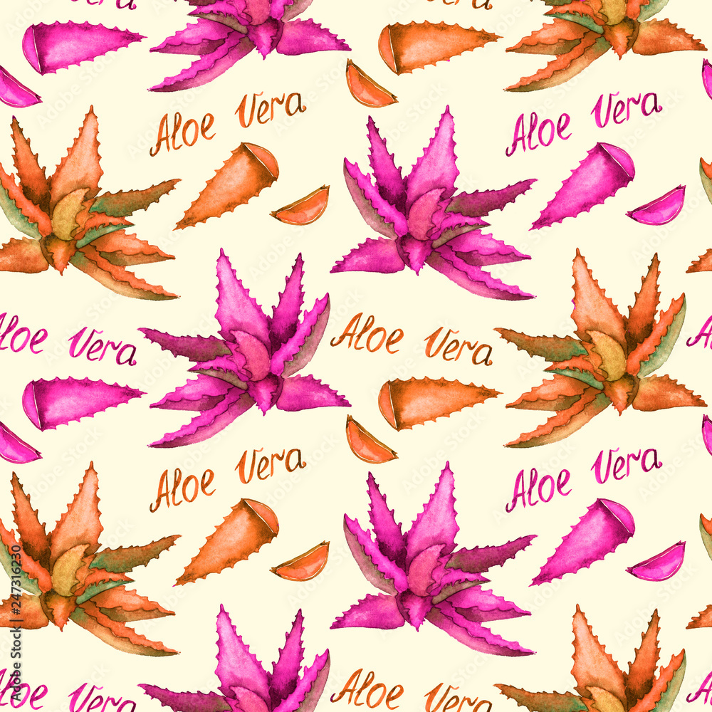 Fototapeta premium Aloe Vera pink and orange plant and cut leaves, hand painted watercolor illustration with inscription, seamless pattern design on soft yellow background