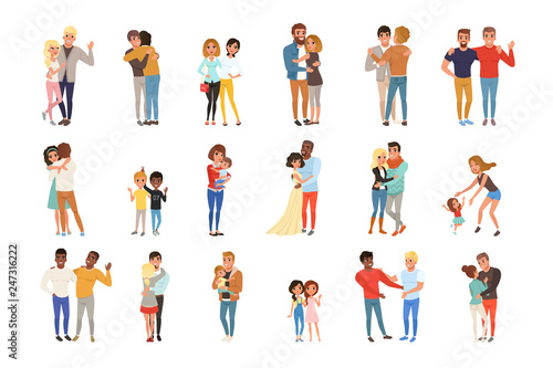 Set with hugging people. Friends, girlfriends, brothers, mothers and kids, couples in love. Cartoon characters with happy faces. Flat vector design