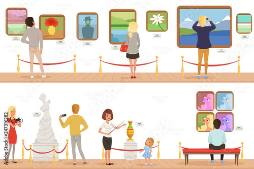 Cartoon characters people visitors in art museum. Paintings, butterflies collection and sculptures in the gallery. Cultural activities concept. Vector vertical flat banners