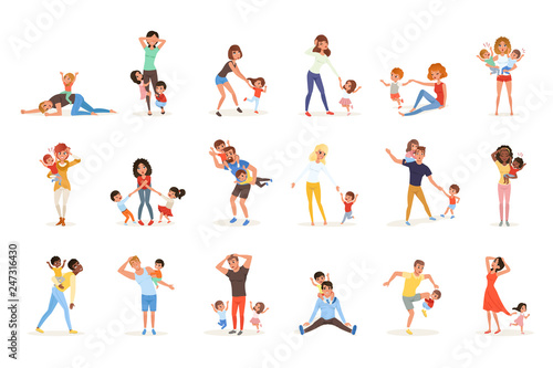 Set of tired parents with children. Exhausted moms and dads, playful boys and girls. Crazy day. Kids want to play. Reality of parenthood. Family concept. Flat vector