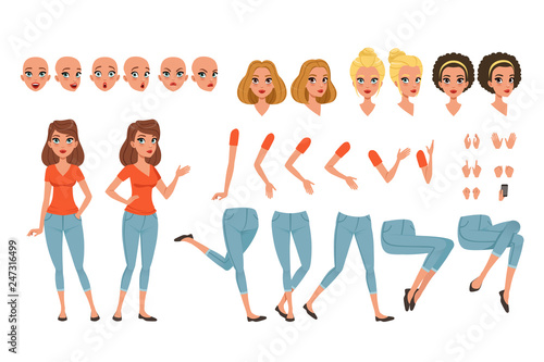 Fototapeta Naklejka Na Ścianę i Meble -  Young woman character creation set, girl with various views, faces, hairstyles, poses and gestures cartoon vector Illustrations