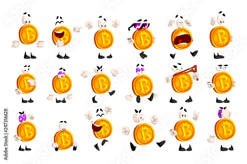 Bitcoin character sett, crypto currency emoji with different emotions vector Illustrations vector Illustrations