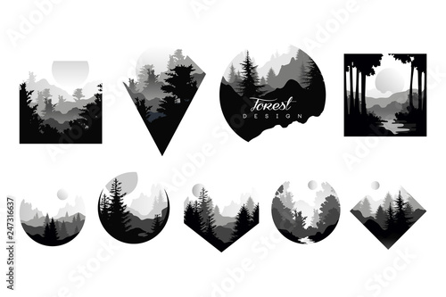 Set of monochrome geometric logos with wild coniferous forests. Natural landscapes with silhouettes of pine or fir trees. Eco or tourist concept. Flat vector design