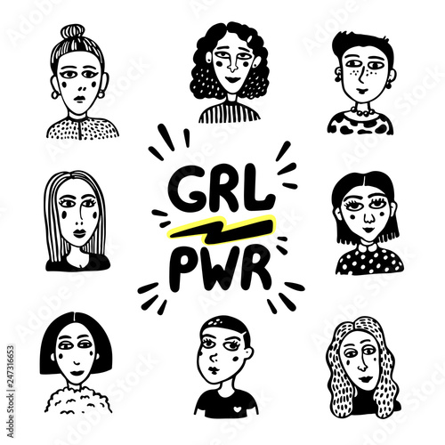 Girl power movement. Doodle style Girl portraits and feminist slogan grl pwr on white background. Feminist movement, protest action, girl power. Vector illustration.
