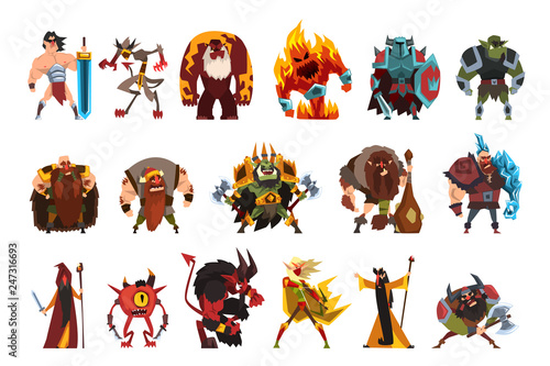 Fantasy creatures and humans. Orc, warrior in armor, fire monster, snake, viking, giant, wild man. Colorful flat vector design elements for mobile computer game