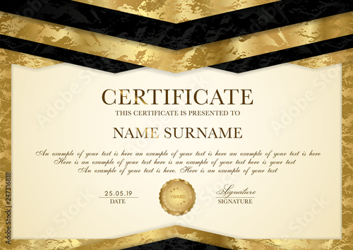 Certificate template with geometry frame and gold badge. Gold background design for Diploma, certificate of appreciation, achievement, completion, of excellence, award