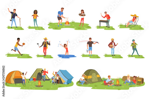 Camper people set, tourists traveling, camping and relaxing vector Illustrations