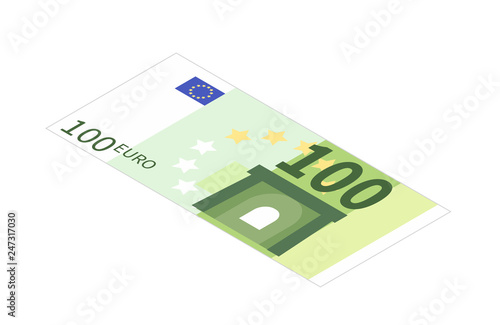 Flat one hundred euro banknote in isometric view on white