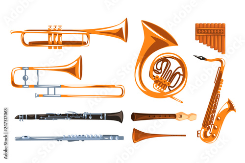 Musical wind instruments set, saxophone, clarinet, trumpet, trombone, tuba, pan flute vector Illustrations i on a white background