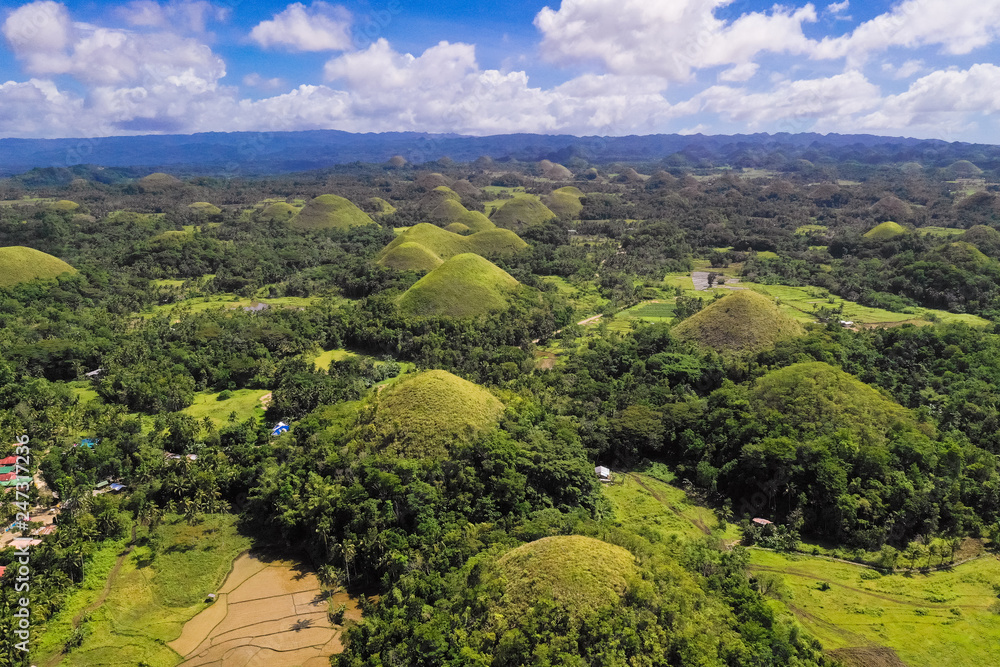 Chocolate hills, Philippines, Bohol island. Aerial view from the drone.