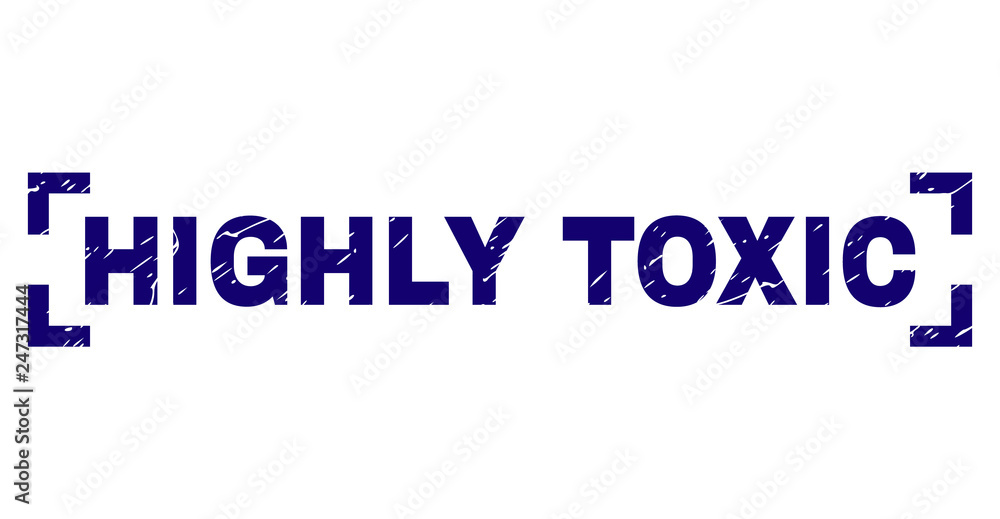 HIGHLY TOXIC text seal print with grunge texture. Text caption is placed inside corners. Blue vector rubber print of HIGHLY TOXIC with dirty texture.