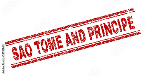 SAO TOME AND PRINCIPE seal print with corroded style. Red vector rubber print of SAO TOME AND PRINCIPE text with unclean texture. Text tag is placed between double parallel lines.