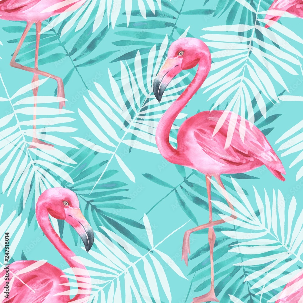 Fototapeta Tropikalny wzór z flamingów i liści palmowych. Akwarela ilustracja