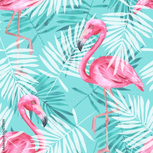 Obraz na plátně Tropical seamless pattern with flamingos and palm leaves