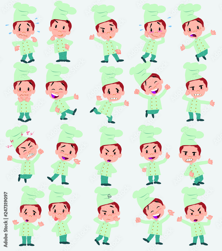 Cartoon character chef. Set with different postures, attitudes and poses, doing different activities in isolated vector illustrations. Cartoon character chef. Set with different postures, attitudes and poses, doing different activities in isolated vector illustrations.