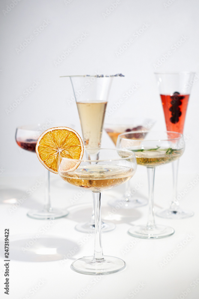 Six easy Champagne cocktails on white background Six easy Champagne cocktails on white background