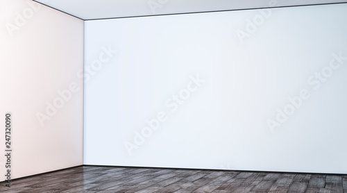 Fototapeta Naklejka Na Ścianę i Meble -  Blank white large gallery wall corner in hall mockup, 3d rendering. Empty hall angle and floor mock up. Clear lobby interior with art display template. Indoor sunny space.