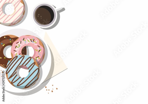 Donuts and  and cup of coffee on the white background. Top view 