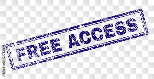 FREE ACCESS stamp seal print with corroded style and double framed rectangle shape. Stamp is placed on a transparent background. Blue vector rubber print of FREE ACCESS label with corroded texture.
